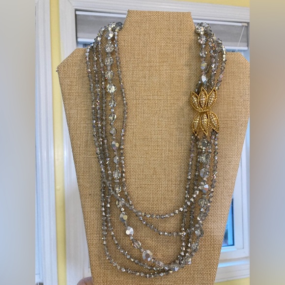 Multi-Strands Crystals‎ Beaded Necklace with Fancy Clasp Side Pendant Vintage - Picture 10 of 13